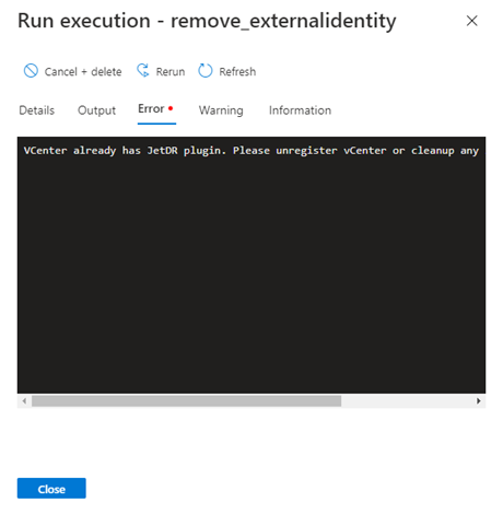 Screenshot that shows the errors detected during the execution of a cmdlet.