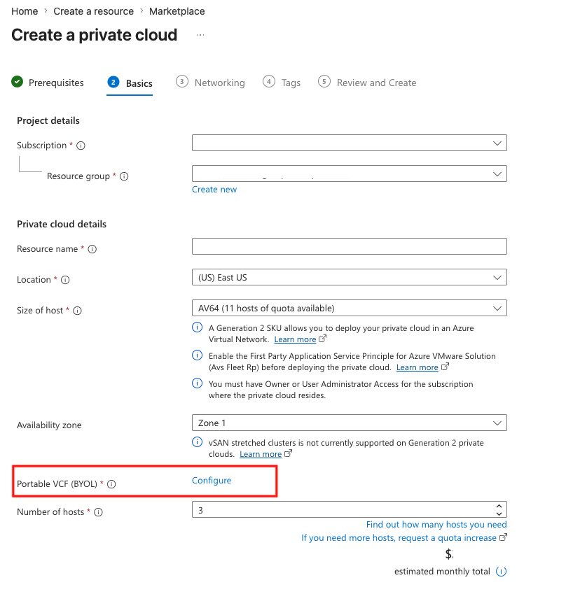 Screenshot showing the Basics tab on the Create a private cloud window.