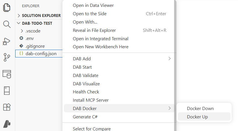 Screenshot of the DAB Docker extension displaying commands in Visual Studio Code.