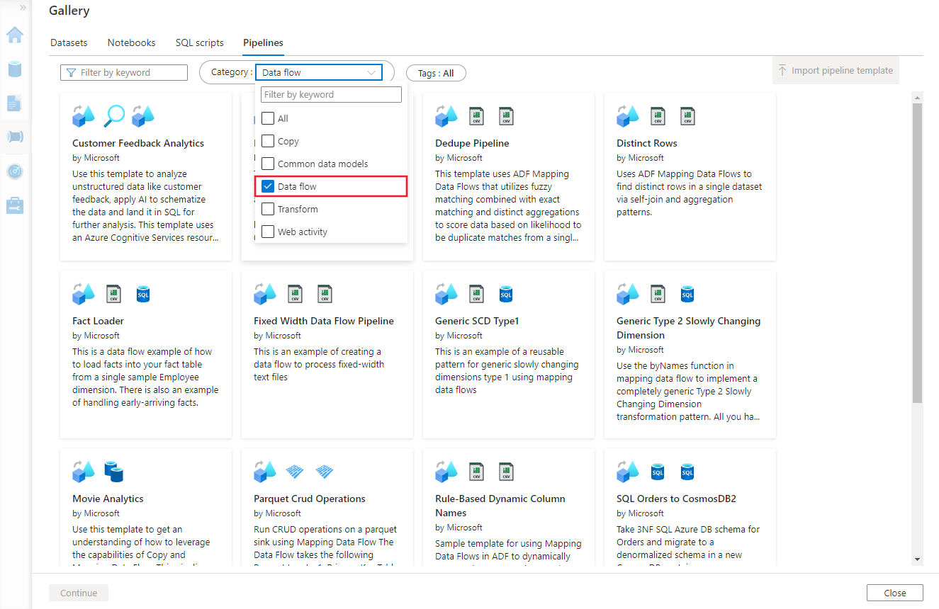 Screenshot that shows the template gallery filtered for data flows.