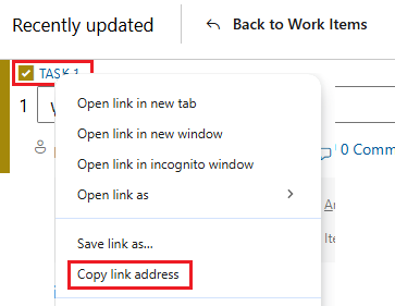 Screenshot that shows how to copy the work item URL from the web portal.