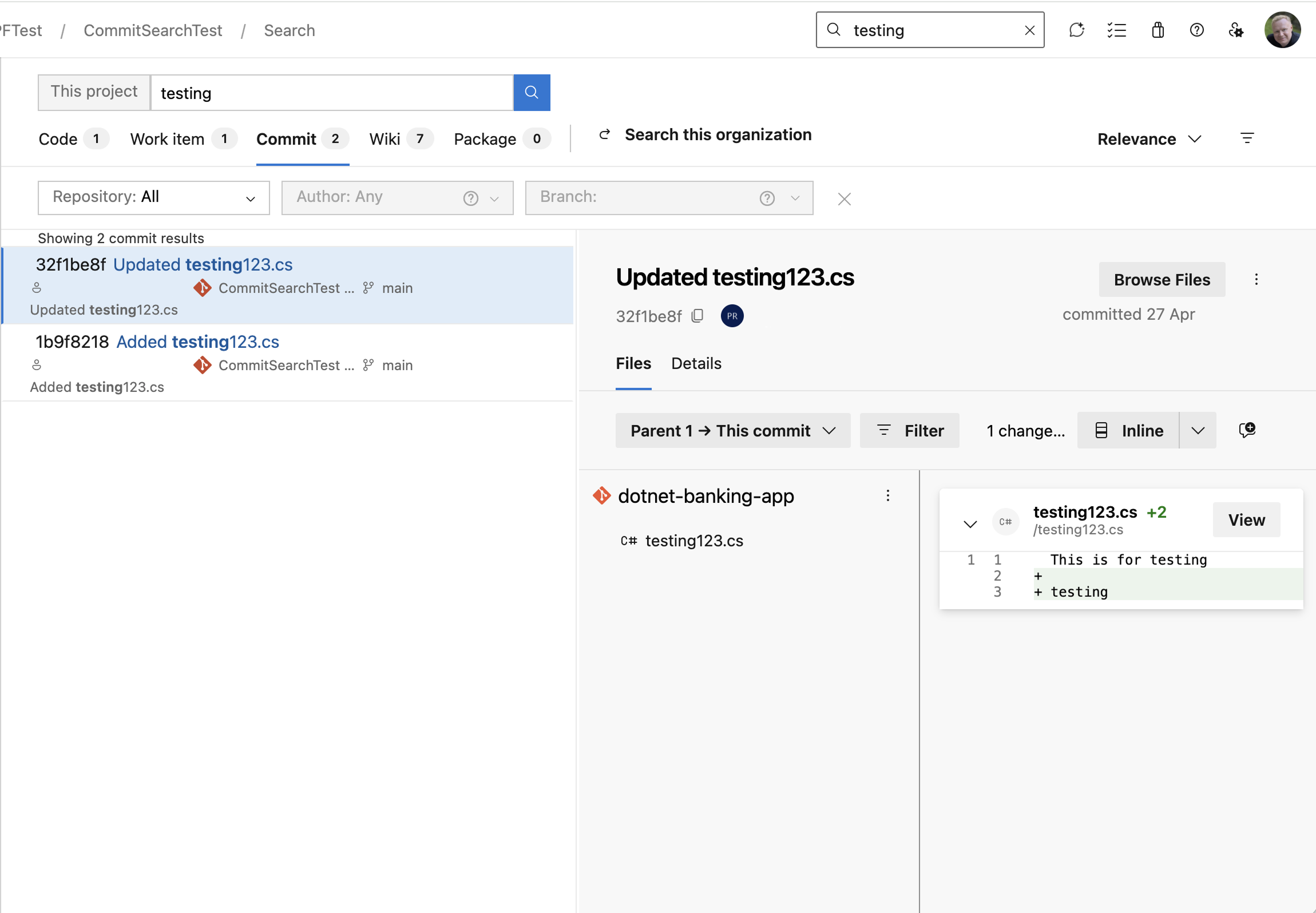 Screenshot of the commit search results page in Azure DevOps, showing the Commit tab selected, matching commits in the results list, the Repository, Author, and Branch filters, the sort control, and the commit details pane.