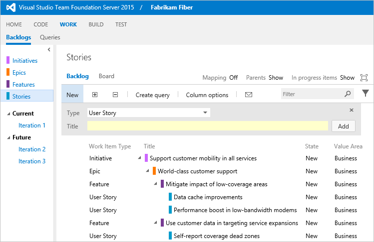 Screenshot of three portfolio backlogs enabled.