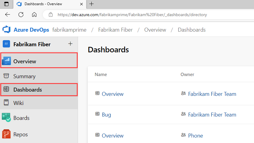 Screenshot of web portal, open Dashboards.