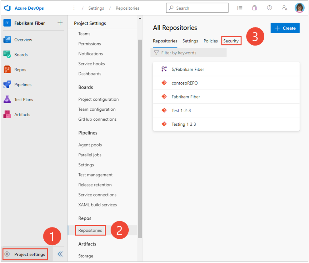 Screenshot that shows selecting Project settings > Repositories > Security.