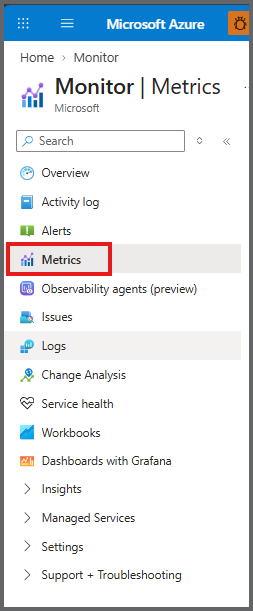 Screenshot of the Azure Monitor page with the Metrics option highlighted in the left navigation menu.