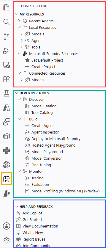 Screenshot of the Microsoft Foundry Toolkit for Visual Studio Code extension interface showing the Resources, Tools, and Help and Feedback sections.
