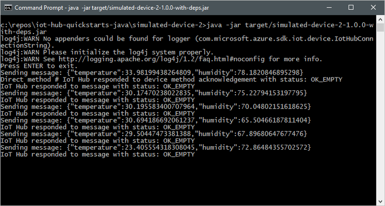 Screenshot of a terminal window that shows the output of the simulated device application.