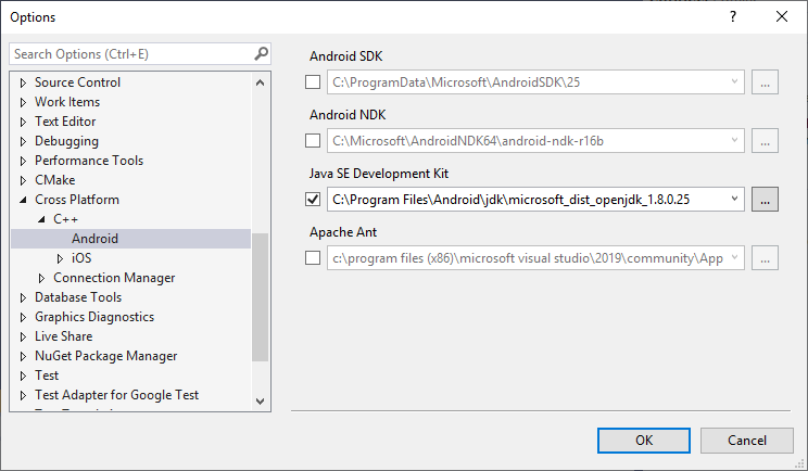 Android tool path options Screenshot of the Android tool path options in the Options dialog.