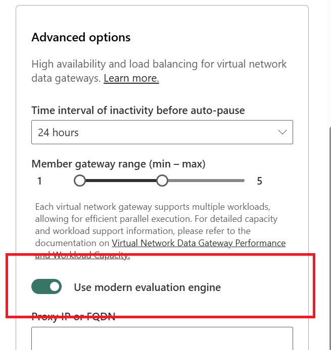 Screenshot of the Settings panel with the Use modern evaluation engine toggle enabled and highlighted.