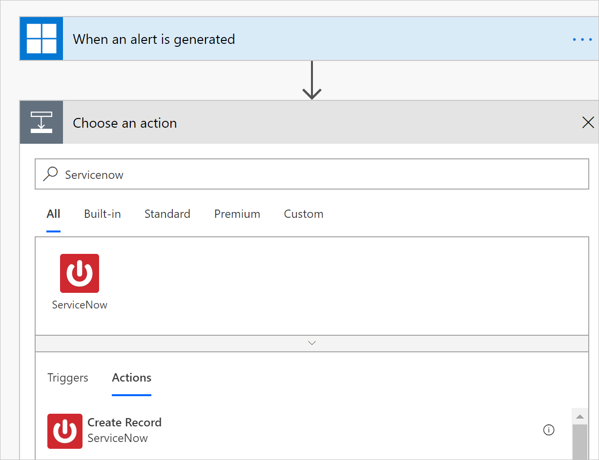 Screenshot of the Power Automate workflow showing the alert trigger and configured ServiceNow connector action.