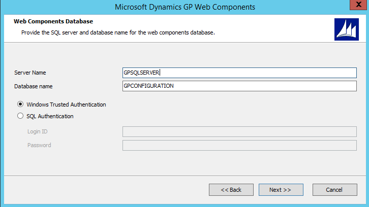 Database shows a screen for installing the web components database.