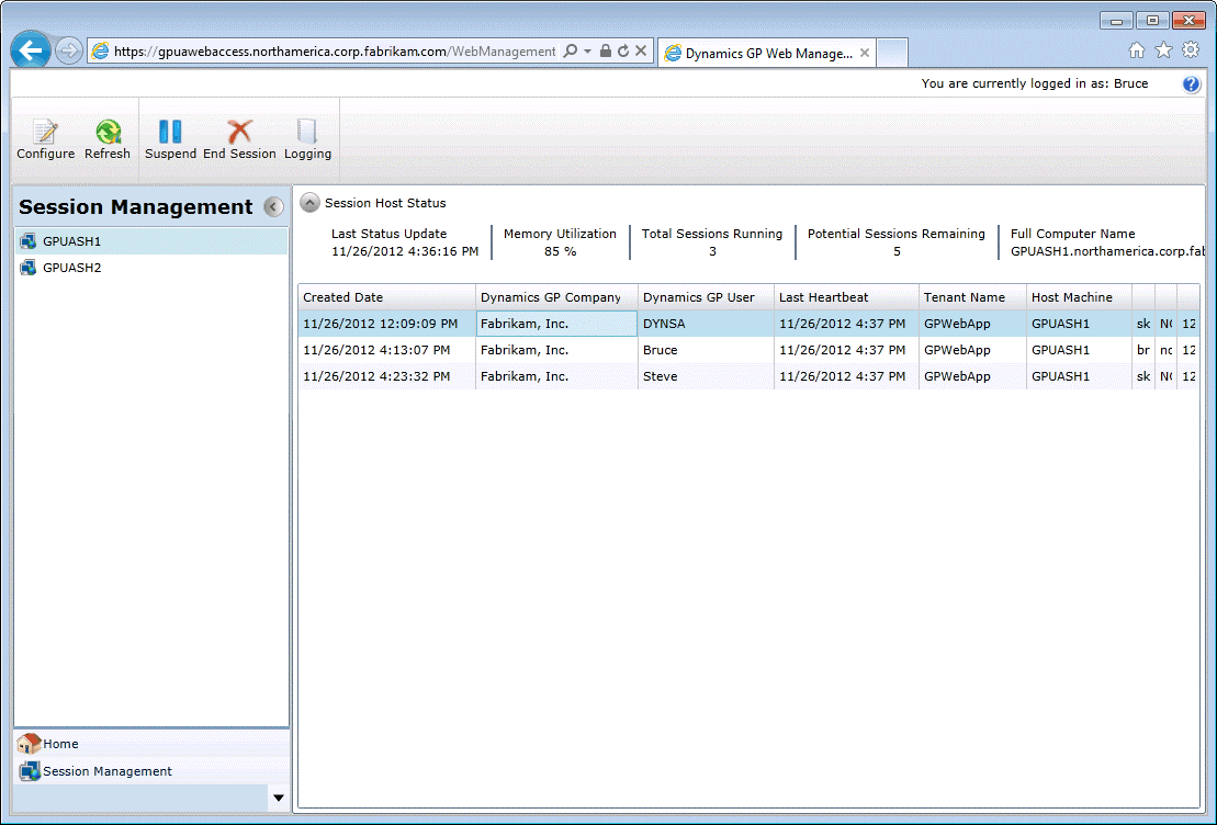 Session Management shows the session management snap-in in the web management console.