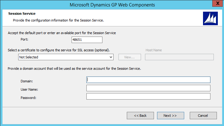 Session Service shows a screen for configuring the session service.