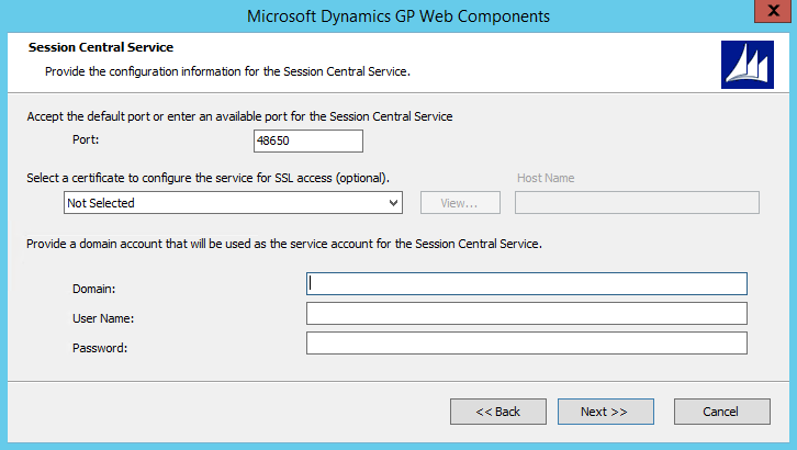 Session Central Service shows a screen for configuring the session central service.