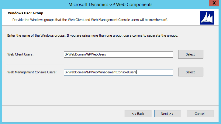 Windows user groups shows a screen for the windows grous that users must be members of.