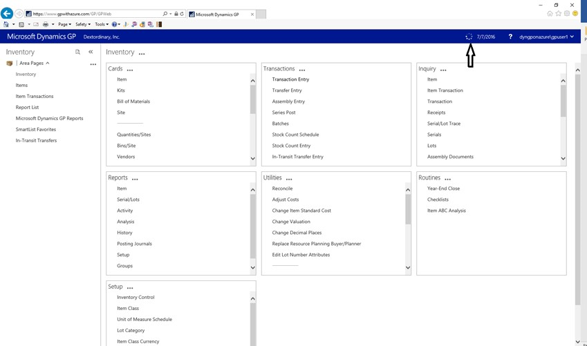GP Connection shows the location of the connection status field on the home page in dynamics gp.