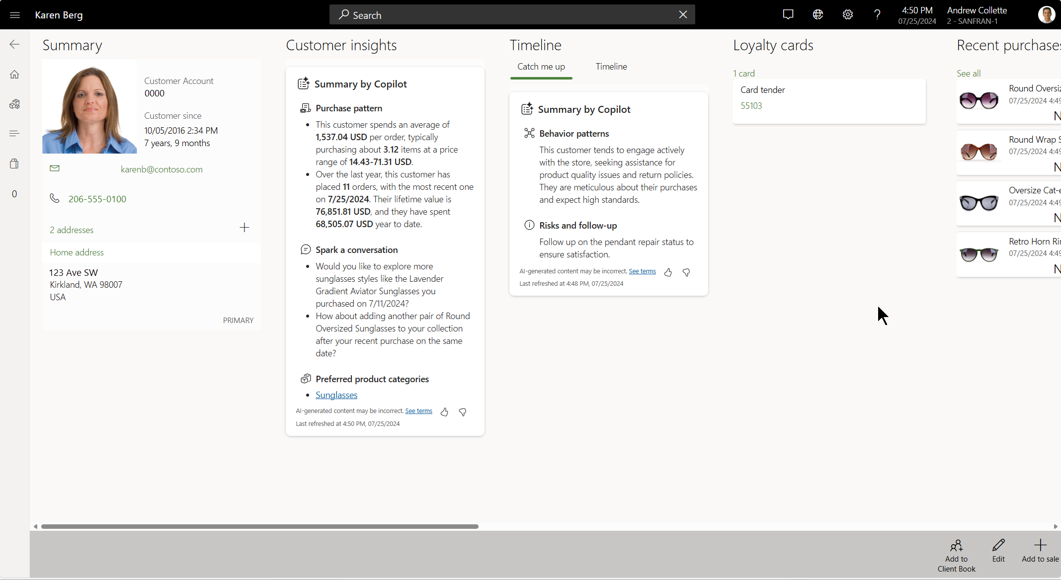 Screenshot of Customer insights by Copilot features in the Store Commerce app.