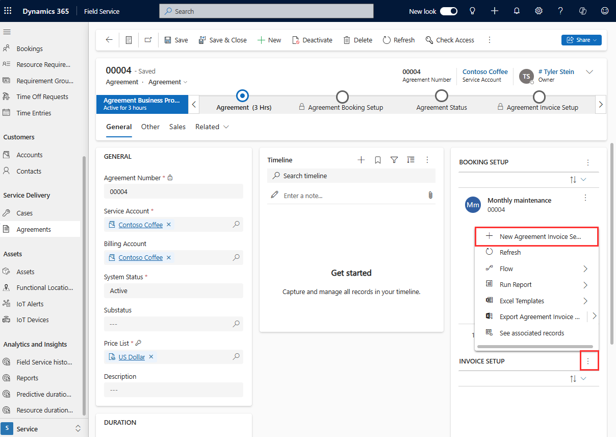 Screenshot of an agreement showing the Add New Agreement Invoice option under Invoice setup.