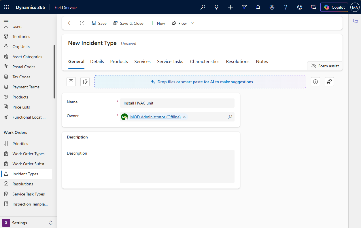 Screenshot of a new incident type.