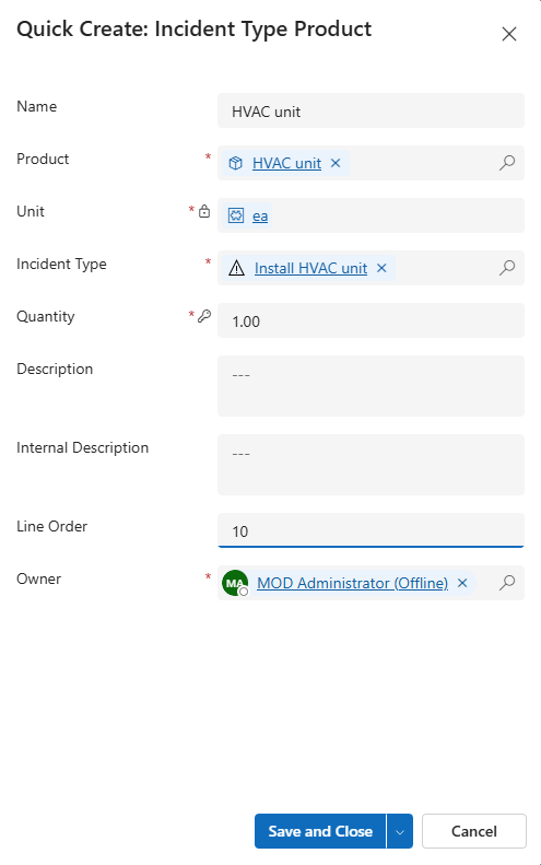 Screenshot of an incident type product.
