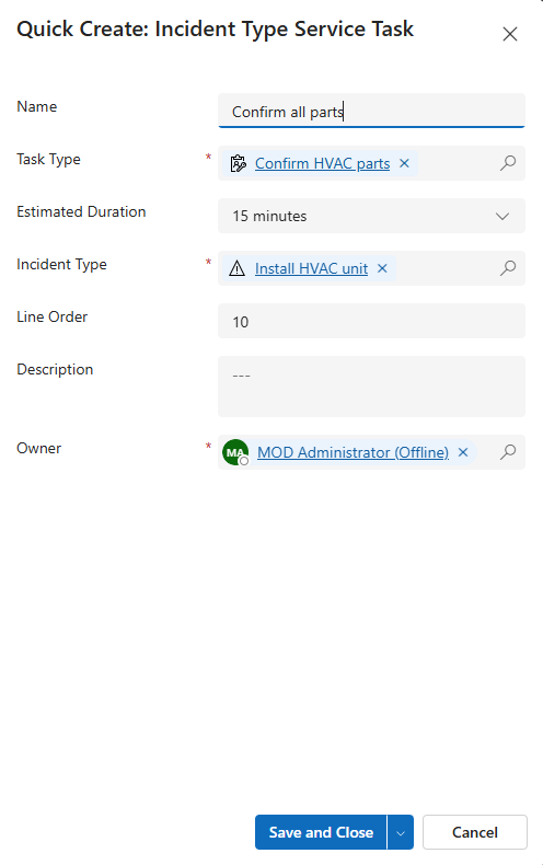 Screenshot of a new incident type service task.