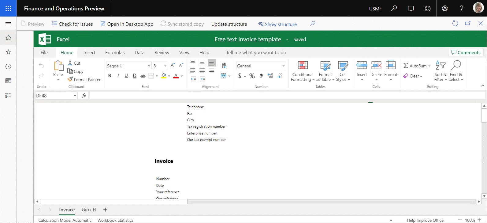 Screenshot of using the Business document management workspace to review the current structure of an editable template.