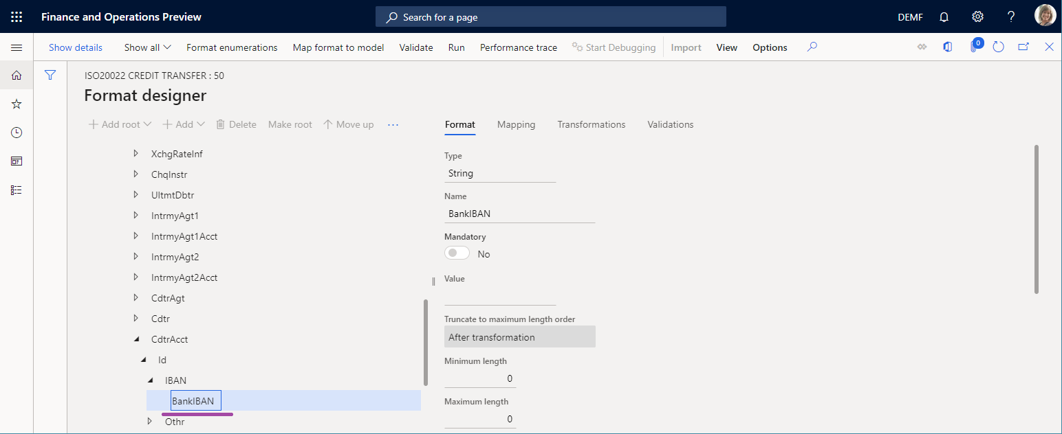Screenshot of BankIBAN format element on the Format designer page.