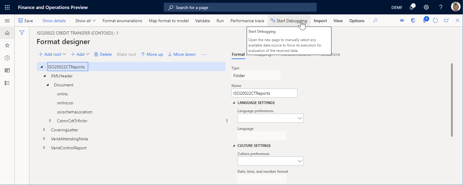 Screenshot of Start Debugging button on the Format designer page.