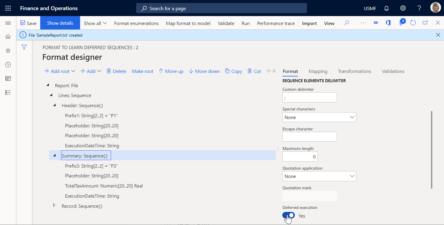 Screenshot of Deferred execution option of the Summary sequence element on the Format designer page.