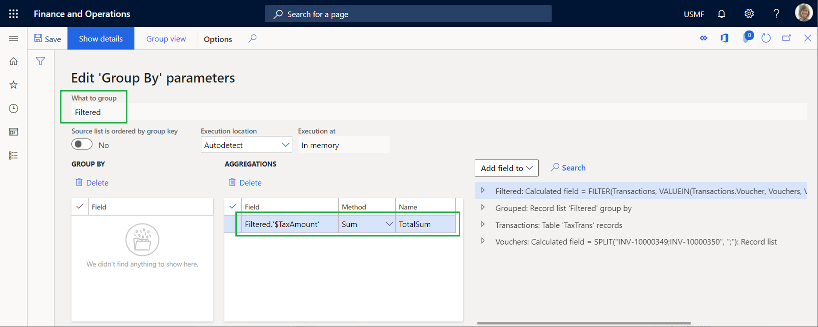 Screenshot of TotalSum aggregation field on the Edit GroupBy parameters page.