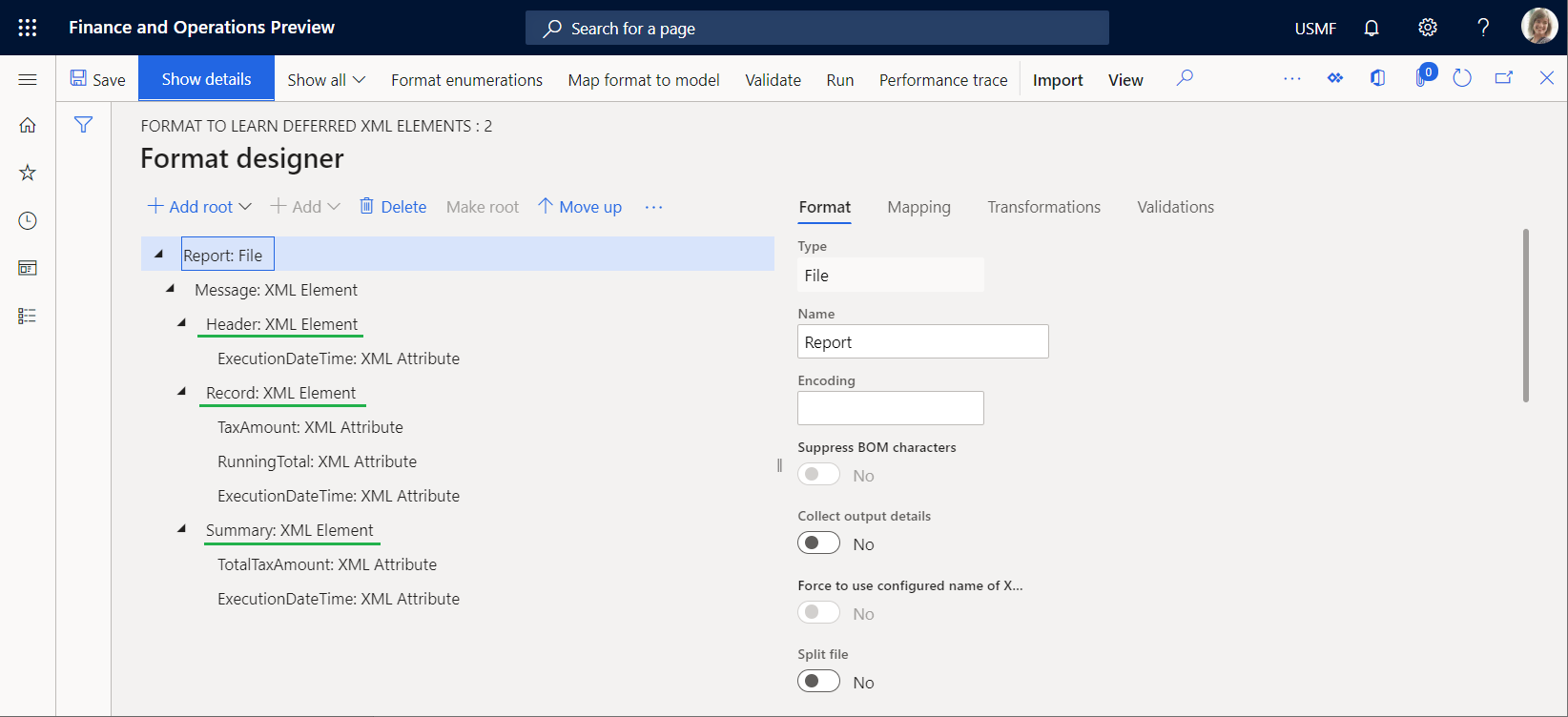 Screenshot of Message XML element and nested XML elements on the Format designer page.