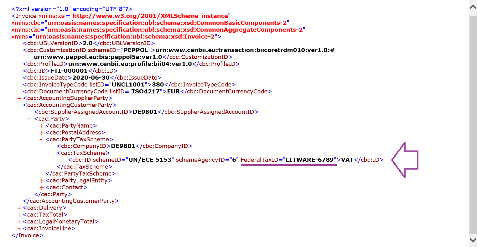 Screenshot of the preview of the generated e-invoice XML file with your customizations.