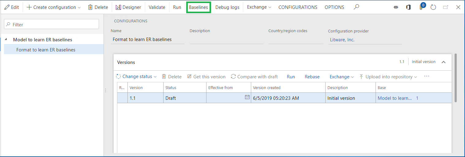 Screenshot of the Baselines button on the Configurations page.