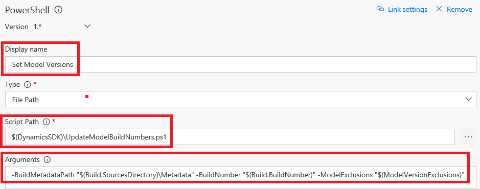 Screenshot of properties configured for the Set Model Versions task.
