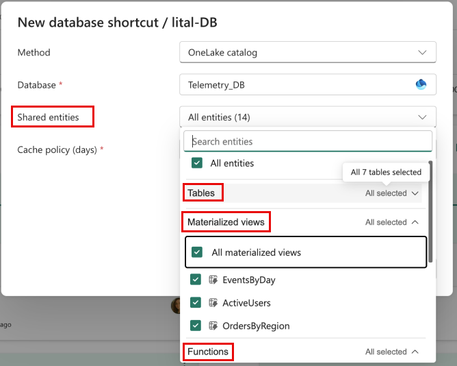 Screenshot of selecting specific subitems in an eventhouse database.