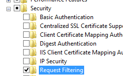 Screenshot of the Programs and Features navigation tree. Request Filtering is selected and highlighted.