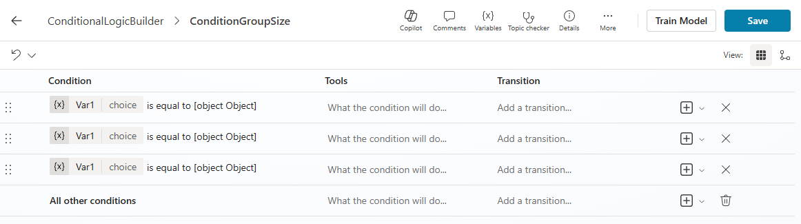 Screenshot of ConditionGroupSize editor showing condition group node in table view with three Var1 choice conditions.