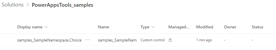 Screenshot of the PowerAppTools_samples temporary solution containing the ChoicesPicker component.