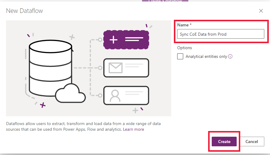 Screenshot of the new dataflow dialog prompting for a dataflow name.