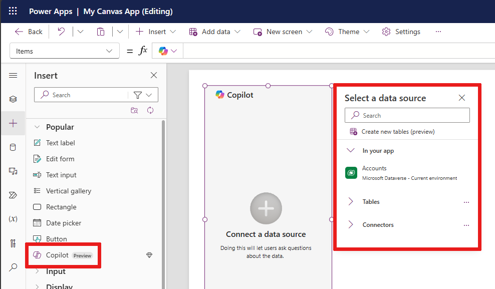 Screenshot of the Copilot control properties pane. The Create new copilot button is highlighted.