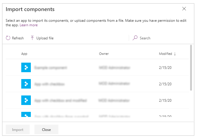 Import components dialog box Import components dialog box.