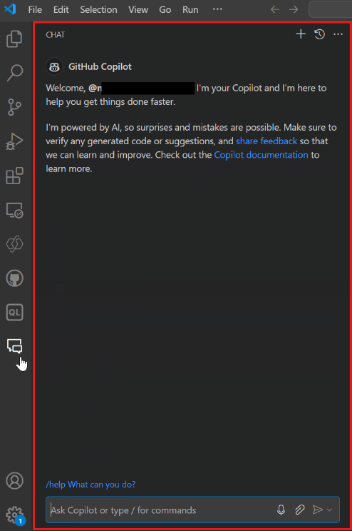 Screenshot of the GitHub Copilot chat experience in Visual Studio Code.