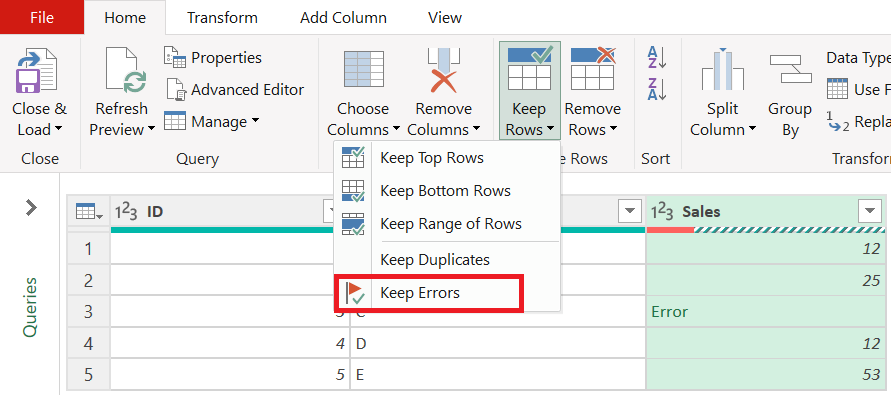 Screenshot of the keep errors button on the Home tab.