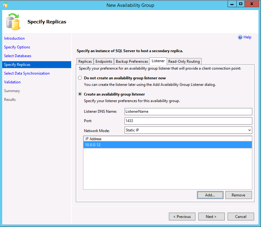 Screenshot of Create Availability Group showing the listener option.