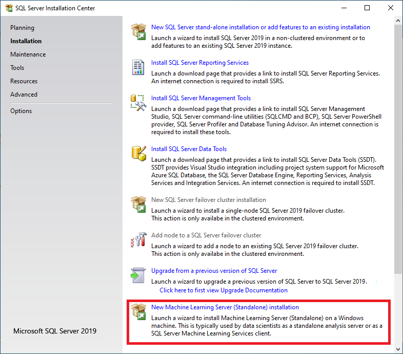 Start installation of Machine Learning Server Standalone Install Machine Learning Server Standalone