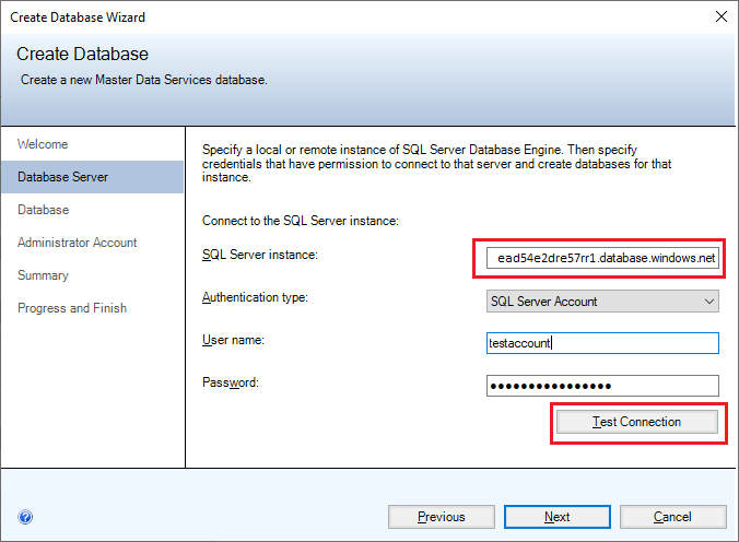 mds-SQLServer2019-Config-MI_CreateDBConnect Screenshot of the Database Server page of the Create Database Wizard.