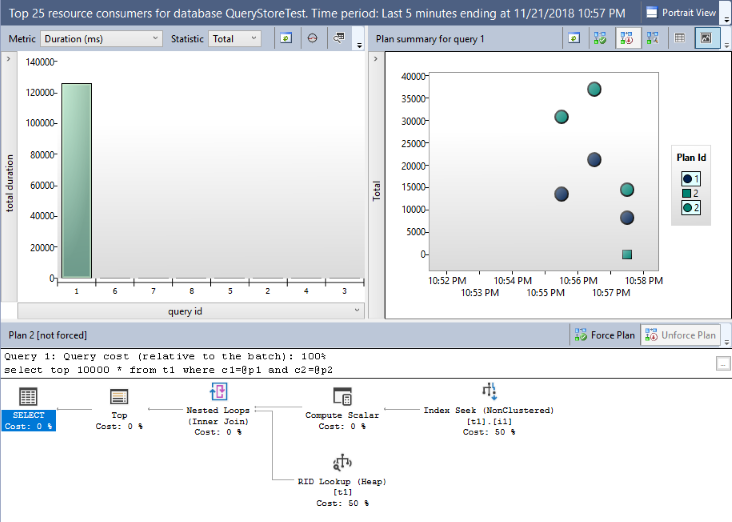 Screenshot of Select two plans in Query Store.