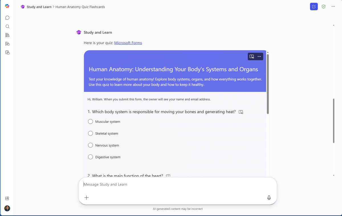 Screenshot of the Microsoft 365 Copilot Study and Learn agent displaying a generated Microsoft Forms quiz . 
