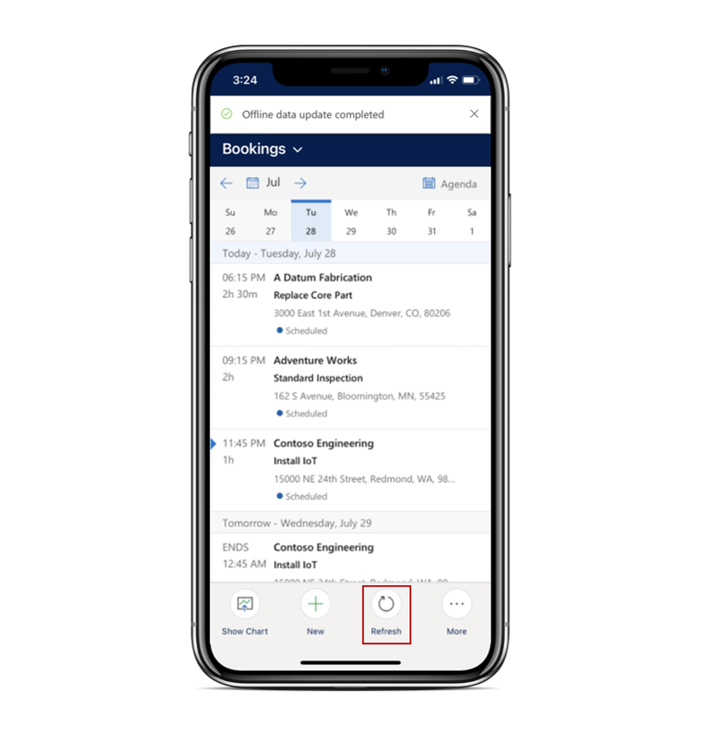 Screenshot of the Field Service Mobile app, with the Refresh option highlighted on the lower menu.